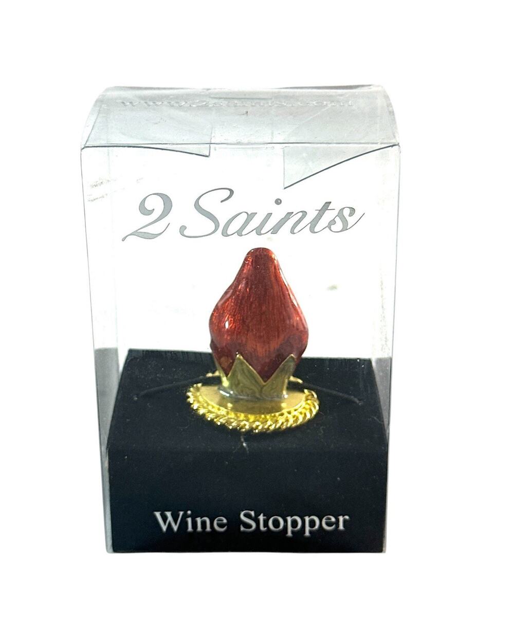 2 Saints Jeweled Wine Bottle Stopper Red Enamel Rhinestone Gold Tone Boxed